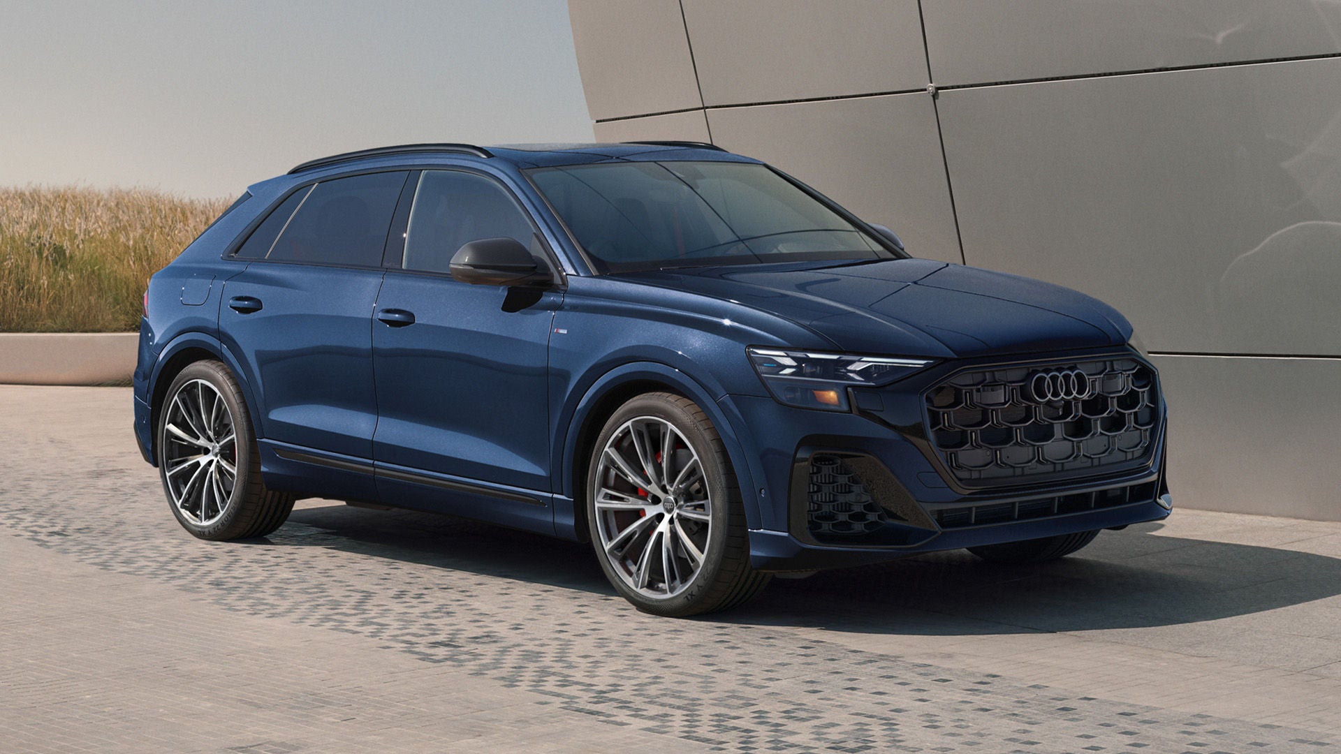 Left profile view of an Audi Q8 parked.